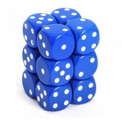 SET DE 12 DADOS D6 16MM OPACOS AZUL C/BLANCO