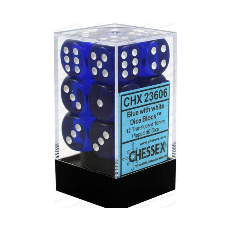 SET DE 12 DADOS TRASLUCIDOS AZUL C/BLANCO