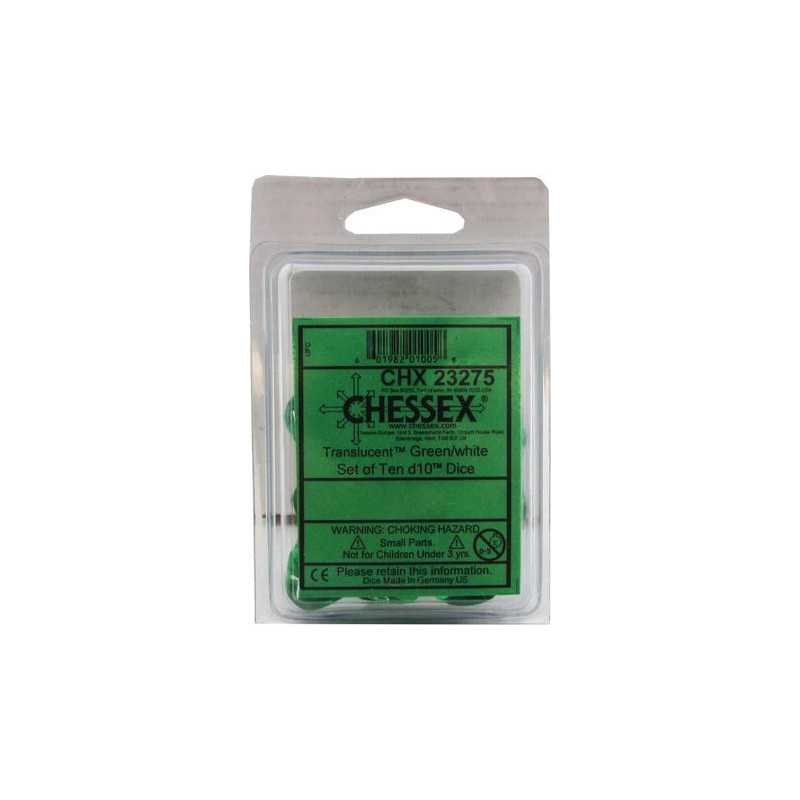 SET DE 10 DADOS D10 TRASLUCIDOS VERDE C/BLANCO
