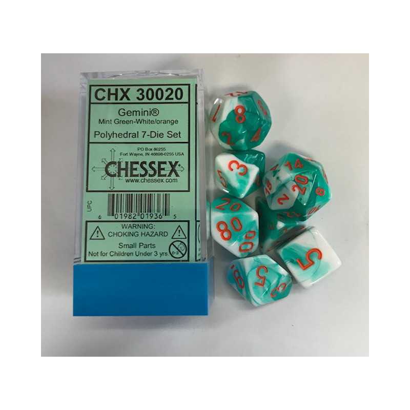 SET DE 7 DADOS LAB DICE GEMINI MENTA VERDE-BLANCO C/NARANJA