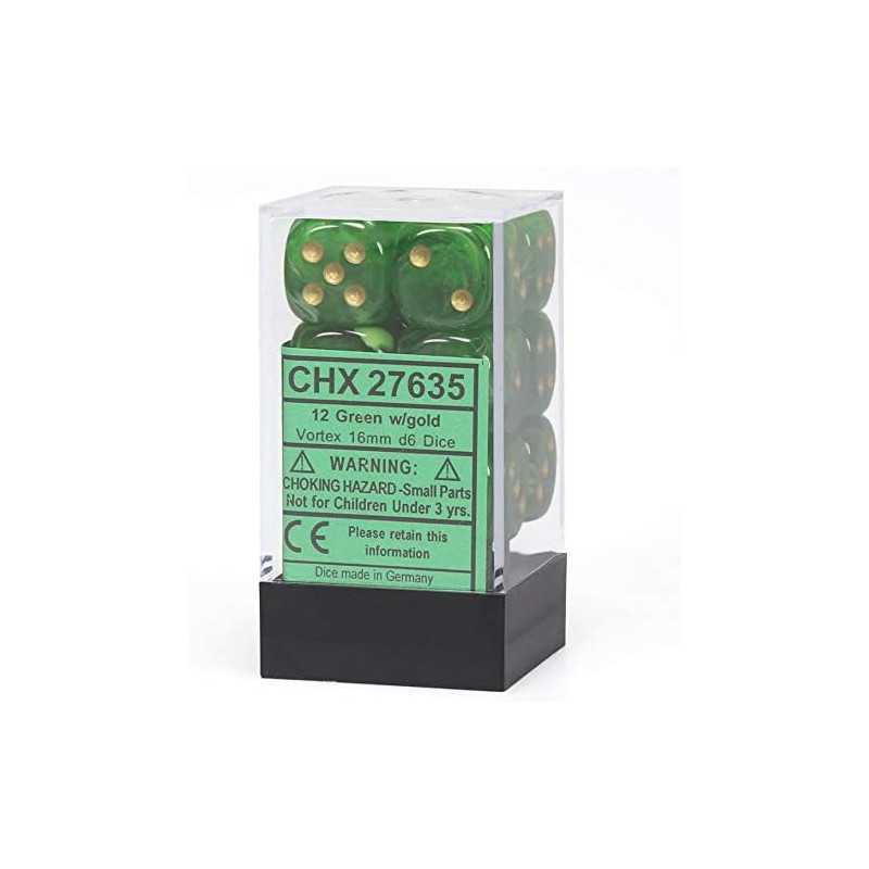 SET DE 12 DADOS d6 16MM VORTEX VERDE C/DORADO