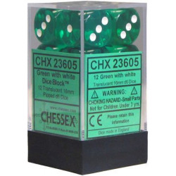 SET DE 12 DADOS TRASLUCIDOS VERDE C/BLANCO