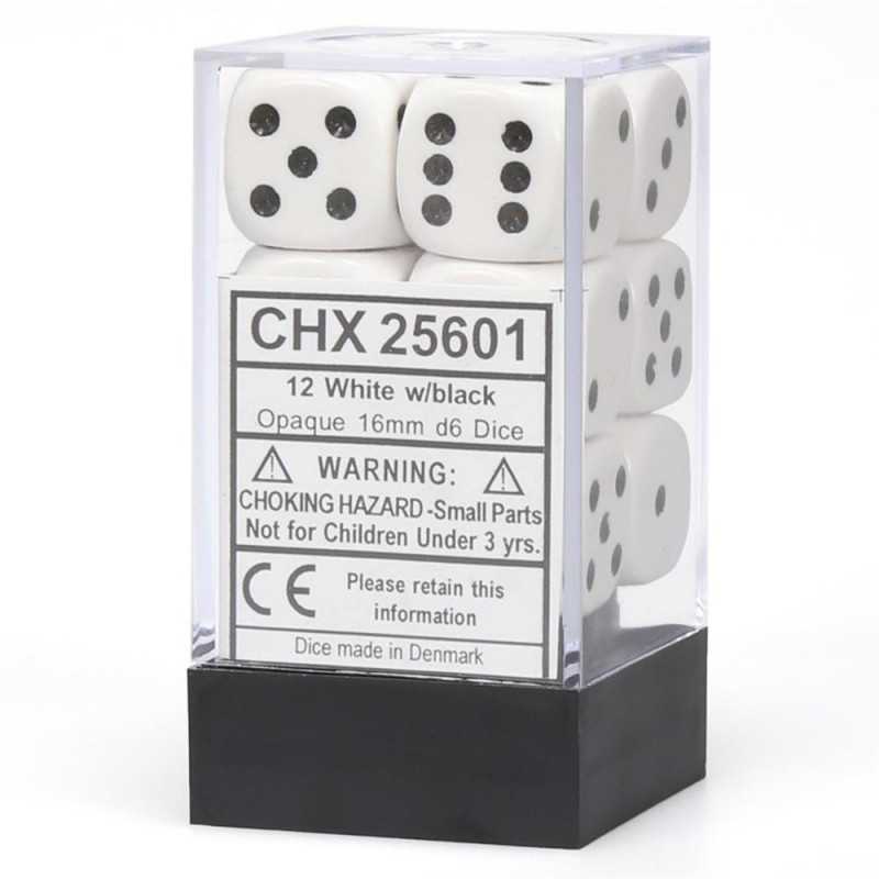 SET DE 12 DADOS D6 16MM OPACOS BLANCO C/NEGRO