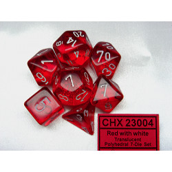 SET DE 7 DADOS TRASLUCIDOS ROJO C/BLANCO
