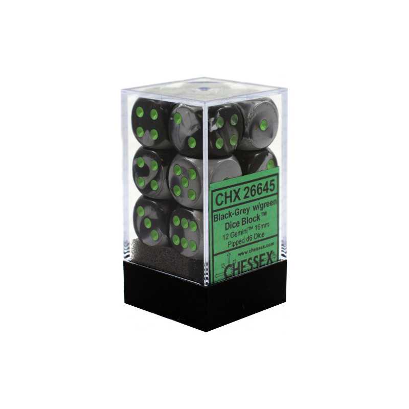 SET DE 12 DADOS D6 16MM GEMINI NEGRO-GRIS C/VERDE