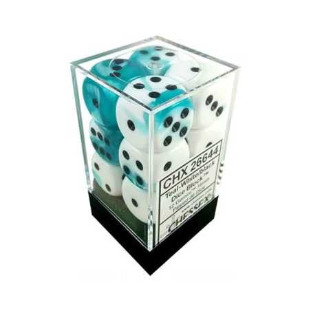 SET DE 12 DADOS D6 16MM GEMINI TURQUESA-BLANCO C/NEGRO