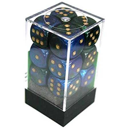 SET DE 12 DADOS D6 16MM GEMINI AZUL-VERDE C/DORADO