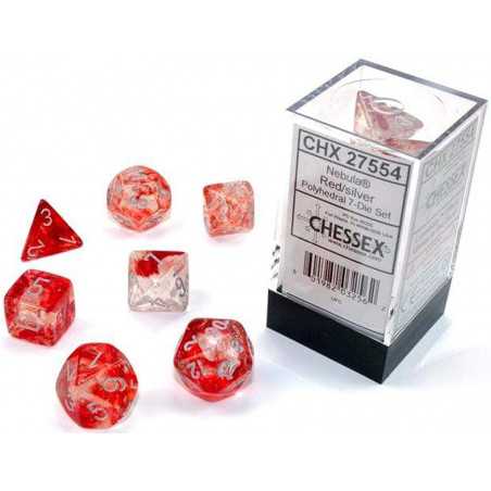 SET DE 7 DADOS NEBULA ROJO C/ PLATA BRILLANTE