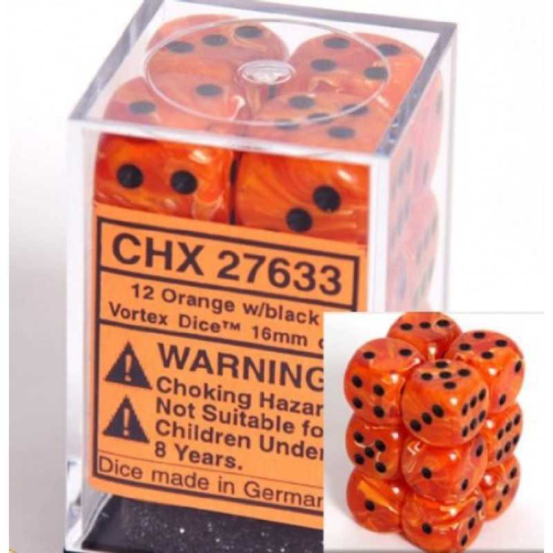 SET DE 12 DADOS d6 16MM VORTEX NARANJA C/DORADO